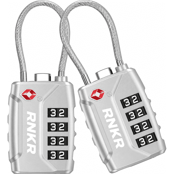 RNKR 2 Pack TSA Approved Luggage Lock – 4 Digit Combination with Flexible Steel Cable for Suitcase, Backpack, Gym Locker, Travel Security (Silver)