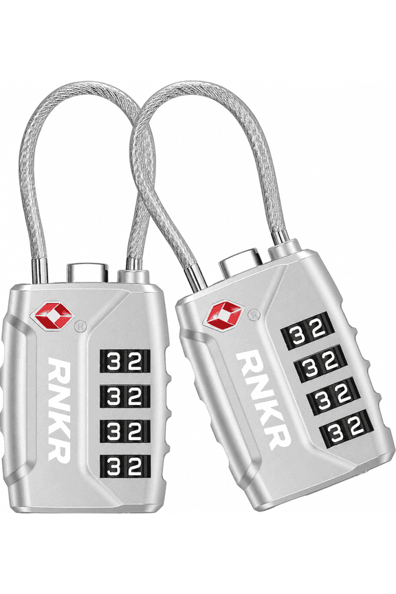 2 Pack TSA Approved Luggage Lock – 4 Digit Combination with Flexible Steel Cable for Suitcase, Backpack, Gym Locker, Travel Security (Silver)