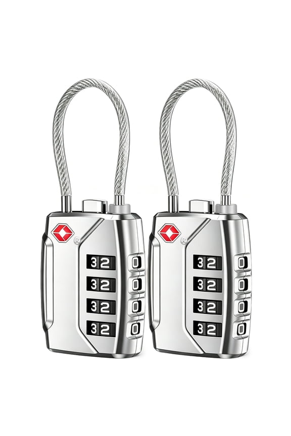 2 Pack TSA Approved Luggage Locks, 4 Digit Combination Travel Cable Locks with Resettable Code, Zinc Alloy Padlocks for Suitcase, Backpack, Gym Locker & Toolbox, Silver