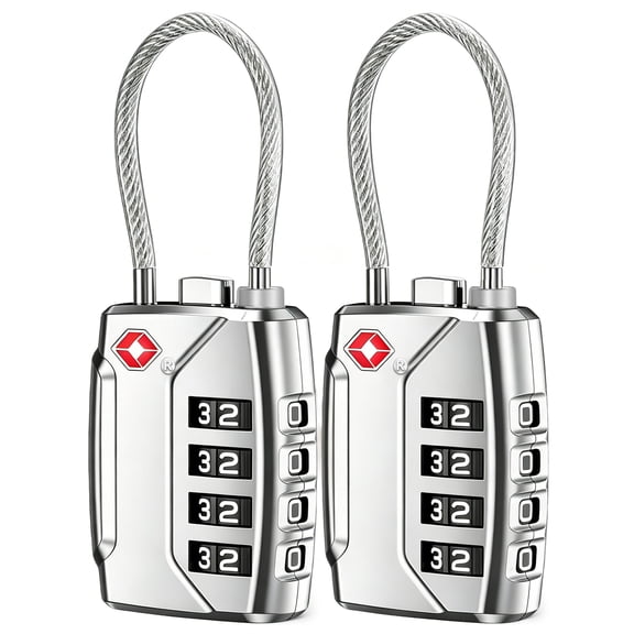 Rirool 2 Pack TSA Approved Luggage Locks, 4 Digit Combination Travel Cable Locks with Resettable Code, Zinc Alloy Padlocks for Suitcase, Backpack, Gym Locker & Toolbox, Silver