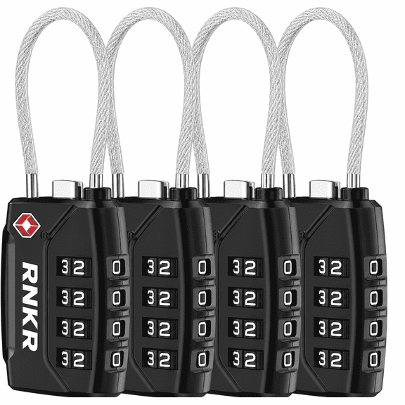 RNKR 4 Pack TSA Approved Luggage Lock – 4 Digit Combination with Flexible Steel Cable for Suitcase, Backpack, Gym Locker, Travel Security (Black)