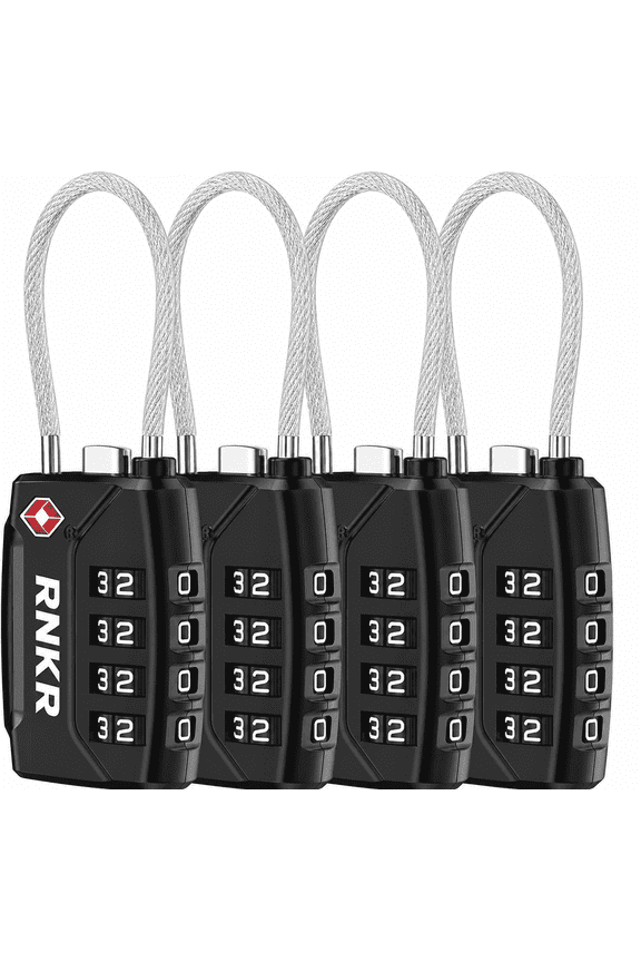 4 Pack TSA Approved Luggage Lock – 4 Digit Combination with Flexible Steel Cable for Suitcase, Backpack, Gym Locker, Travel Security (Black)