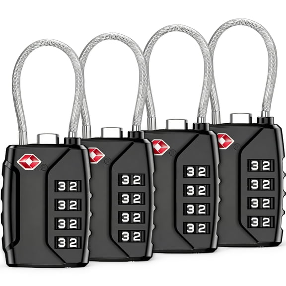 Rirool 4 Pack TSA Approved Luggage Locks, 4 Digit Combination Travel Cable Locks with Resettable Code, Zinc Alloy Padlocks for Suitcase, Backpack, Gym Locker & Toolbox, Black