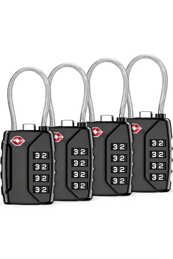 4 Pack TSA Approved Luggage Locks, 4 Digit Combination Travel Cable Locks with Resettable Code, Zinc Alloy Padlocks for Suitcase, Backpack, Gym Locker & Toolbox, Black