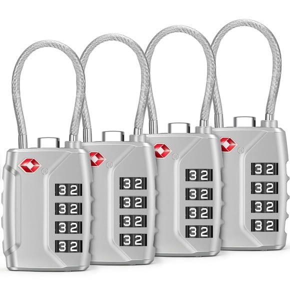 Rirool 4 Pack TSA Approved Luggage Locks, 4 Digit Combination Travel Cable Locks with Resettable Code, Zinc Alloy Padlocks for Suitcase, Backpack, Gym Locker & Toolbox, Silver