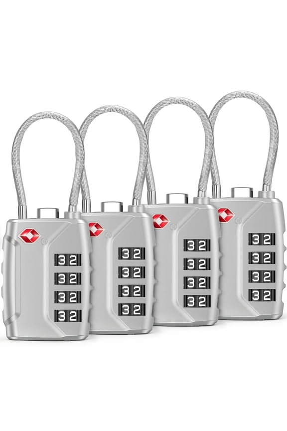 4 Pack TSA Approved Luggage Locks, 4 Digit Combination Travel Cable Locks with Resettable Code, Zinc Alloy Padlocks for Suitcase, Backpack, Gym Locker & Toolbox, Silver