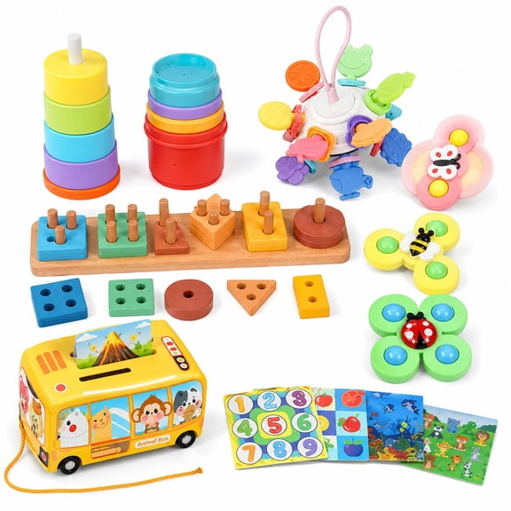 RNKR 5-in-1 Montessori Baby Toy Set for Toddlers 1-3, Sensory Learning Toys with Shape Sorter, Stacking Cups, Fine Motor Activities