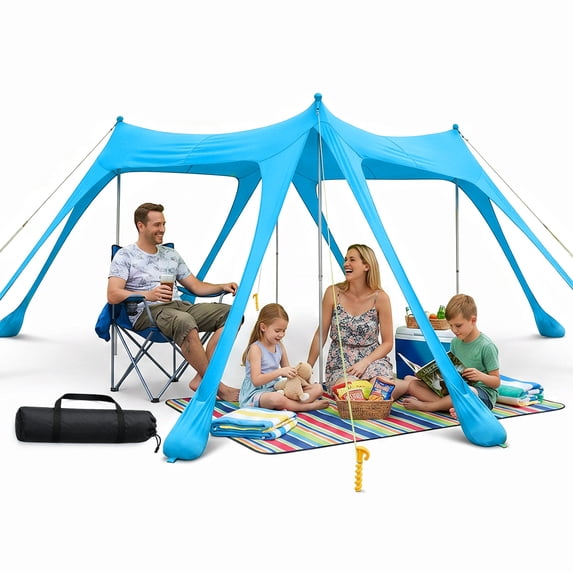 Rirool Beach Canopy Tent UPF50+ Sun Shelter for 6-8 Person, Portable Outdoor Beach Shade with 8 Sandbags, Aluminum Poles & Carry Bag for Camping Fishing Picnic Blue