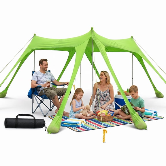 Rirool Windproof Beach Tent Sun Shelter, UPF50+ Portable Beach Canopy with Thickened Aluminum Poles, 8 Sandbags & Outdoor Shade for Beach Camping Patio Green