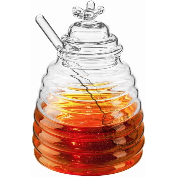 RNKR Glass Honey Jar with Dipper and Lid, Honey Bee Pot, 17oz Glass Beehive Honey Pot for Home Kitchen