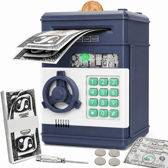 RNKR Kids Electronic Piggy Bank, Password Protected ATM with Auto Cash Roll, Coin Slot, Sound Effects and Secure Safe Box Toy, Navy