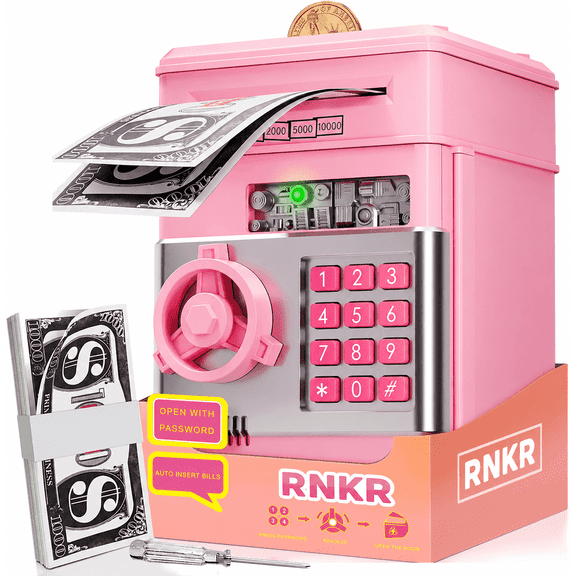 RNKR Kids Electronic Piggy Bank, Password Protected ATM with Auto Cash Roll, Coin Slot, Sound Effects and Secure Safe Box Toy, Pink