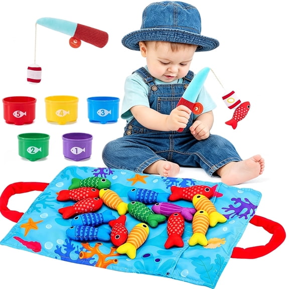 RNKR Montessori Toys for 1 Year Old Boy Girl Birthday Gift - 10 in 1 Cloth Fishing Game Easter Basket Stuffers for Toddler Toys 1-3 with Stacking Cups - Number Counting, Color Sorting Learning