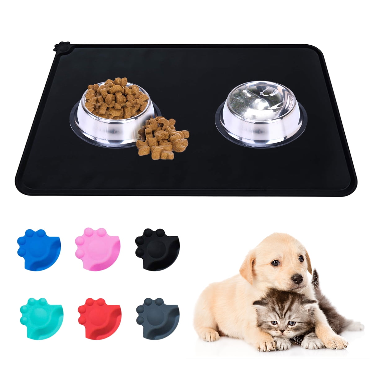 Silicone Waterproof Dog Cat Pet Feeding Mats,Waterproof and Non Slip Bowl  Accessory, Easy Clean Pet Dog Cat Bowl Mats[Black]
