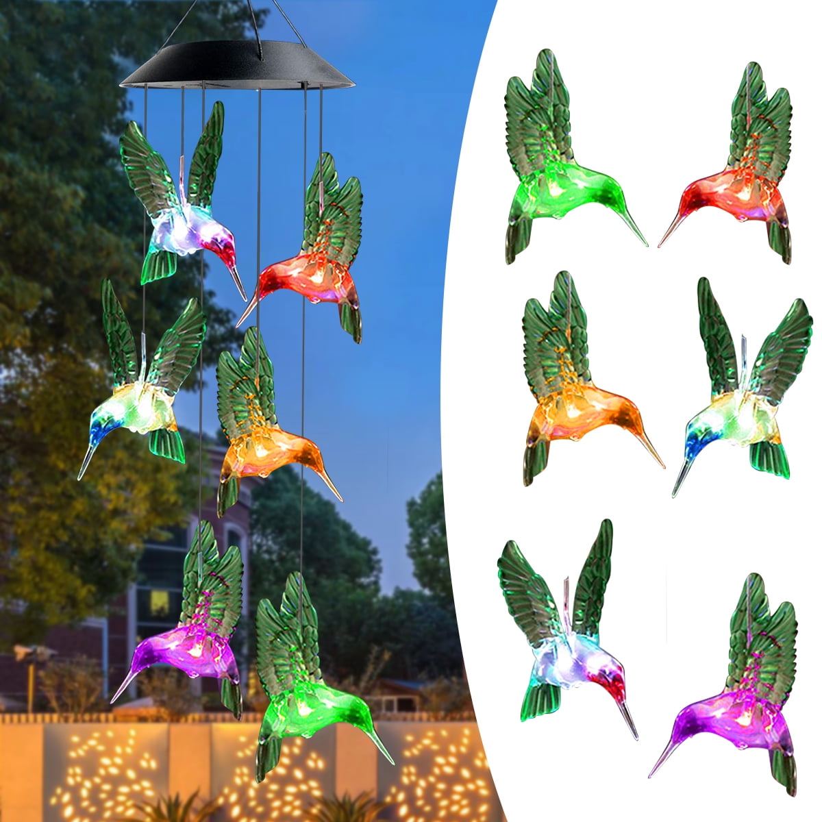 GLUAAE Solar Hummingbird Wind Chime, Color Changing LED Light ...