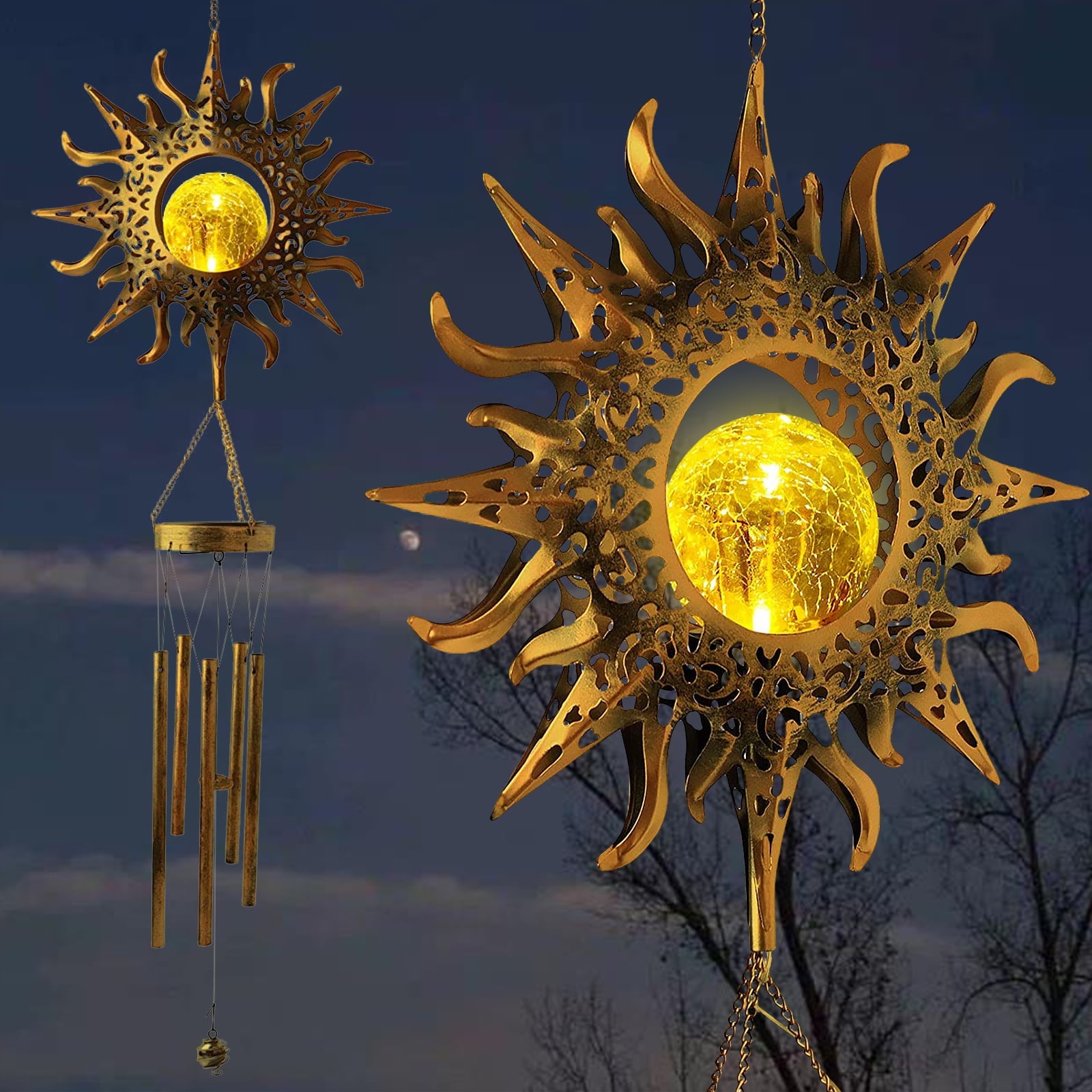 Solar-Powered Retro Sun Metal Wind Chimes with Glass Ball