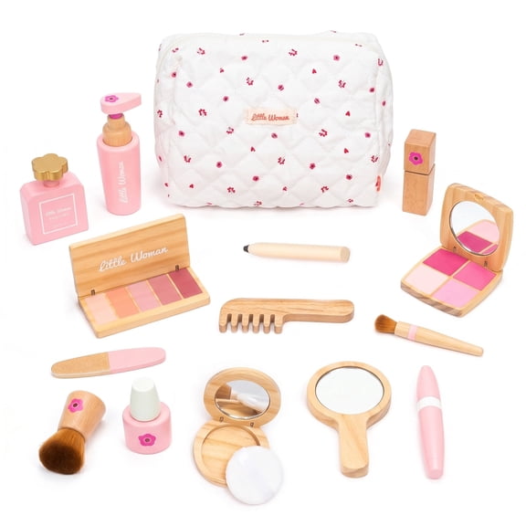 Rirool Wooden Pretend Makeup Kit for Toddlers, Play Beauty Set for Girls with Lipstick, Mirror, Perfume, Cosmetic Bag & Wooden Accessories, Toy Makeup Set for Kids Ages 3-6