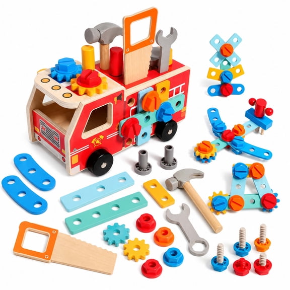 RNKR Wooden Tool Truck Toy Set for Toddlers, 32PCS Montessori STEM Construction Toy with Fire Truck, Building Tools