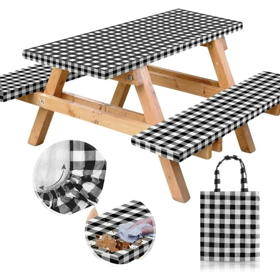 RNOONY Vinyl Fitted Picnic Table Cover with Bench Covers and Bag, Outdoor Waterproof Picnic Tablecloth with Elastic Edges, 96x30 Inches 3 Pcs Set Black