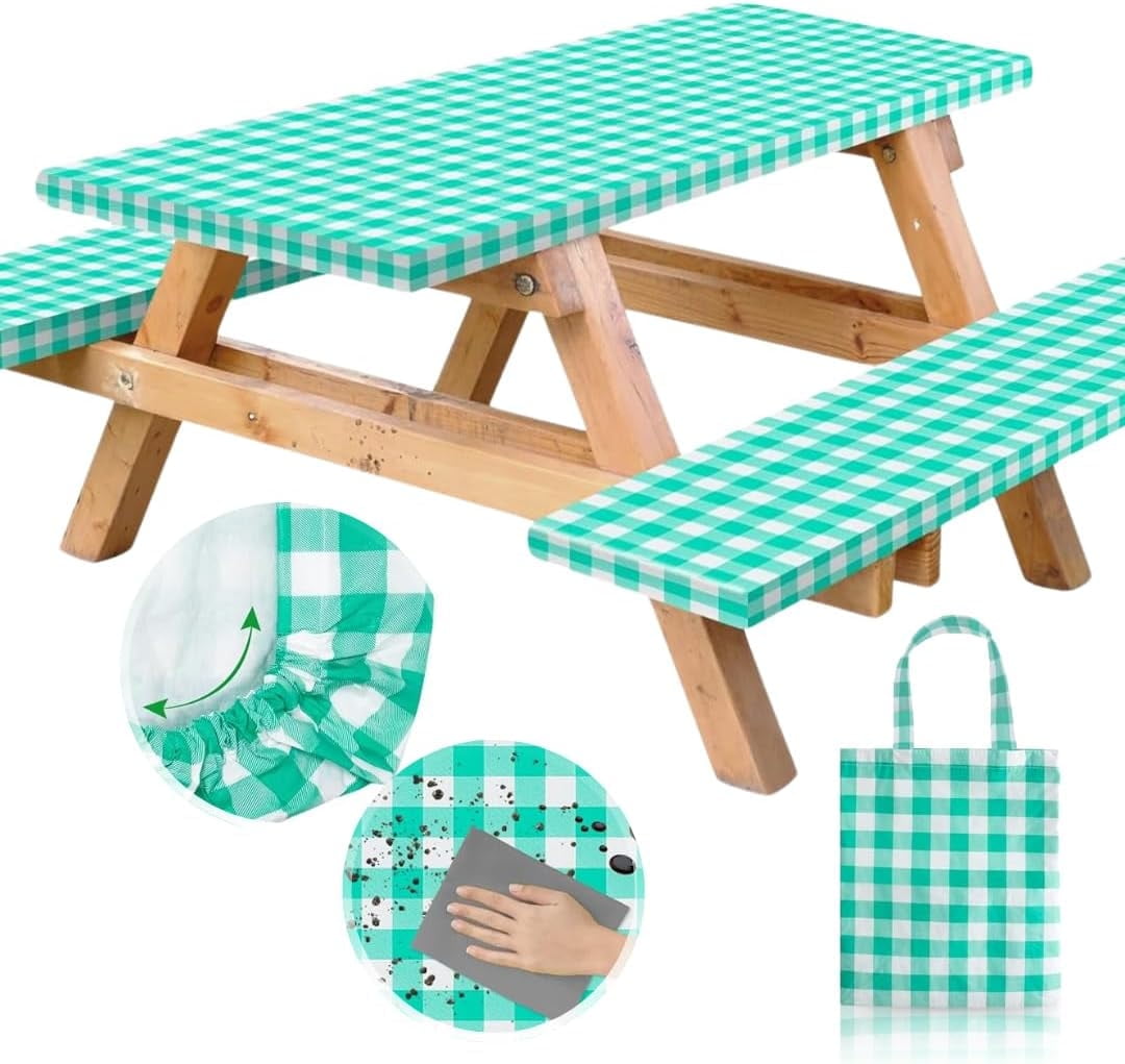 RNOONY Vinyl Fitted Picnic Table Cover with Bench Covers and Bag ...