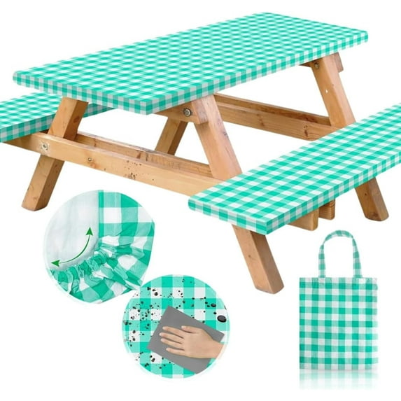 RNOONY Vinyl Fitted Picnic Table Cover with Bench Covers and Bag, Outdoor Waterproof Picnic Tablecloth with Elastic Edges, 96x30 Inches 3 Pcs Set Green