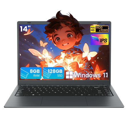 RNRUO 14" Laptop Computer, 8GB RAM 128GB SSD, Intel 6500Y with 2 Cores, FHD Display, Windows 11 Home, WiFi5 BT5.0, Type-C PD, Thin & Portable Laptop for Kids, Study, Beginner