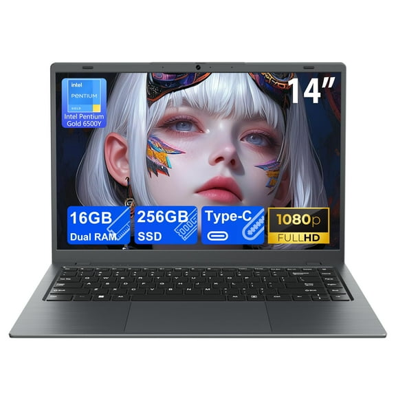 RNRUO 14" Laptop Computer, 16GB RAM 256GB SSD, Intel Pentium Gold 6500Y with 2 Cores up to 3.4GHz, Full HD Display Office 2024 WiFi5 BT5.0, Netbook for Business, Student, Dark Gray