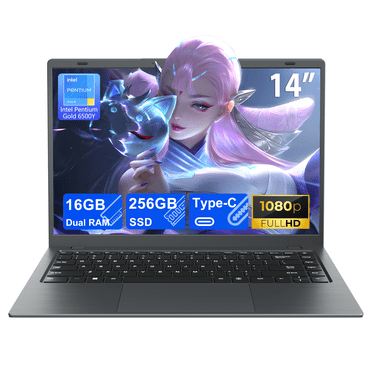 RNRUO 14" Laptop Computer, 16GB RAM 256GB SSD Intel 6500Y with 2 Cores, 1080p Display, Dual 4K Output, Type-C PD WiFi5 BT5.0, Office 2024 Windows 11 for Business Study, Dark Gray