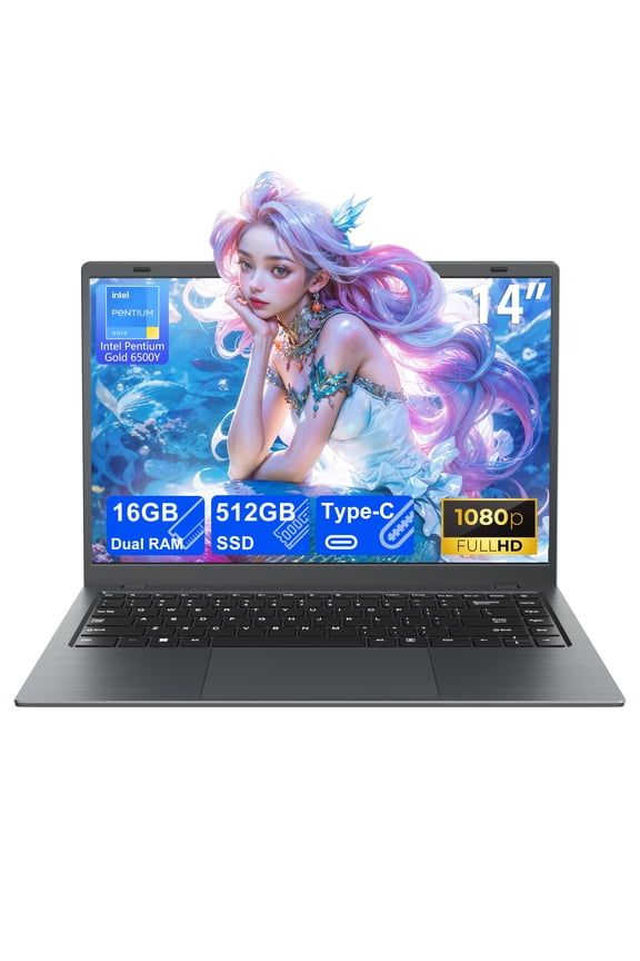 14" Laptop with Windows 11, 16GB RAM 512GB SSD, FHD Screen USB-C PD Charing, Office 2024 Included, Portable Laptop for Students and Home Use, Gray