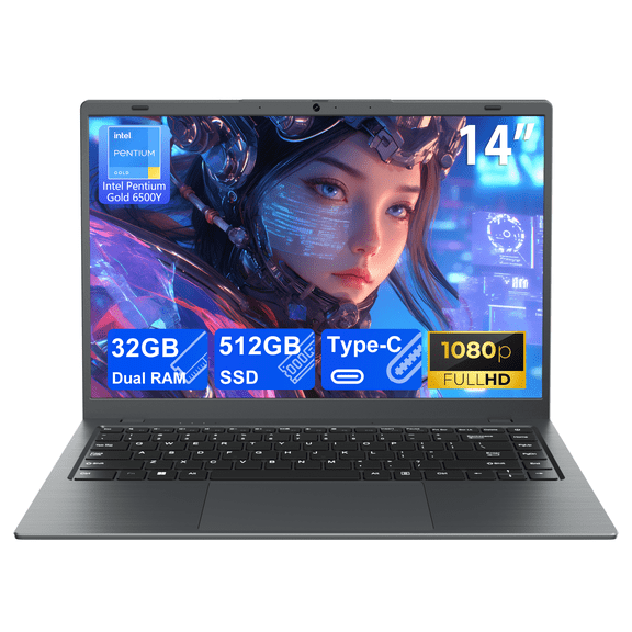 RNRUO 14" Laptop Computer, 32GB RAM 512GB SSD Intel 6500Y with 2 Cores, 1080p Display, Dual 4K Output, Type-C PD WiFi5 BT5.0, Office 2024 Windows 11 for Business Study, Dark Gray