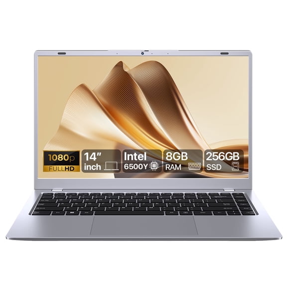 RNRUO 14" Laptop Computer, 8GB RAM 256GB SSD, Intel 6500Y 2 Cores, FHD Display Office 2024, WiFi5 BT5.0, Type-C PD Dual 4K Output, Windows 11 Laptop for Student Business Silver Gray