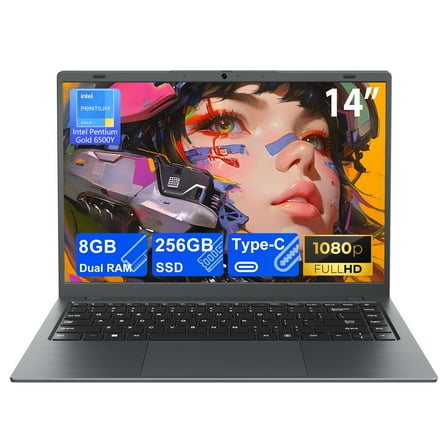 RNRUO 14" Laptop Computer, 8GB RAM 256GB SSD Intel 6500Y with 2 Cores, 1080p Display, Dual 4K Output, Type-C PD WiFi5 BT5.0, Office 2024 Windows 11 for Business Study, Dark Gray