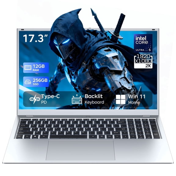 RNRUO 17.3" Windows 11 Laptop, Intel Core Ultra 5 115U, 12GB LPDDR5 RAM, 256GB SSD, Office 2024 Included, Large Full HD Display, Backlit Keyboard, WiFi 6, BT 5.2, Home Office & Business Laptop