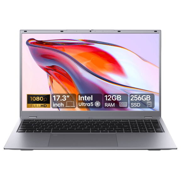 RNRUO 17.3" Laptop Computer, 12GB LPDDR5 256GB SSD, Intel Ultra 5 115U, 12Cores 14Threads, Backlit Full-Size KB, WiFi6 BT5.2, Windows 11 Laptop with Office 2024 for Business, Students & Home Office