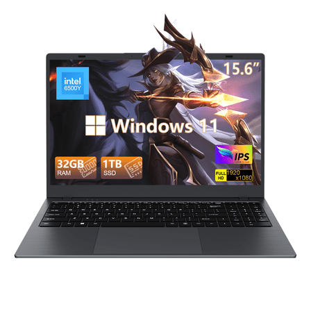 RNRUO 15.6" Laptop Computer, 32GB RAM 1TB SSD, Intel 6500Y with 2 Cores, Office 2024 FHD Display WiFi5 BT5.0 Type-C PD Long Battery Life, Windows 11 Laptop for Business, Student, Dark Gray