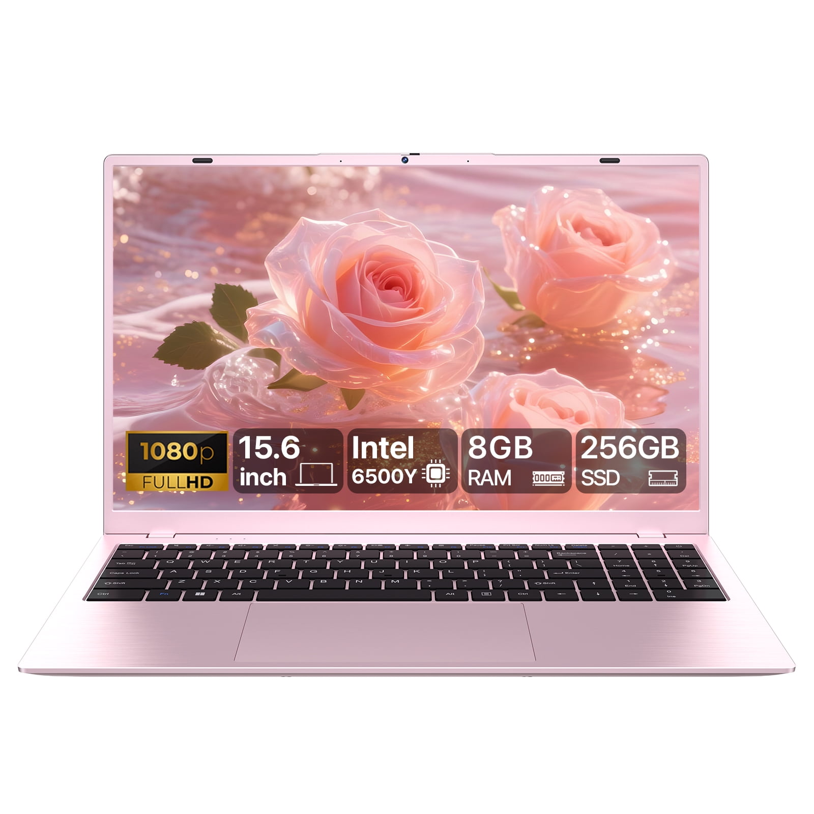 RNRUO 15.6" Pink Laptop Computer, 8GB RAM 256GB SSD, Intel 6500Y with 2 Cores, up to 3.4GHz, FHD Display, Office 2024, WiFi5 BT5.0, PC Laptop for Business, Student, Office