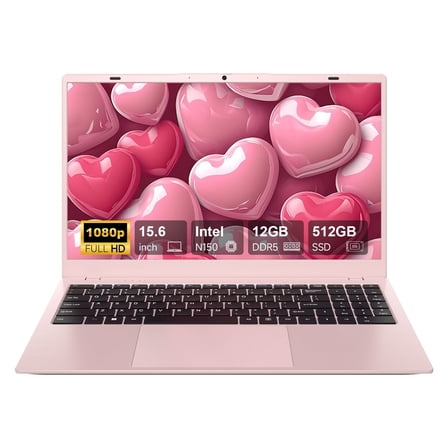 RNRUO 15.6" Windonws 11 Laptop, 12GB DDR5 512G SSD, Up to 3.6GHz Intel N150 Quad-Core, Office 2024 WiFi 6 BT 5.2, 1080 FHD Display for Student, Business, Home Office, Pink