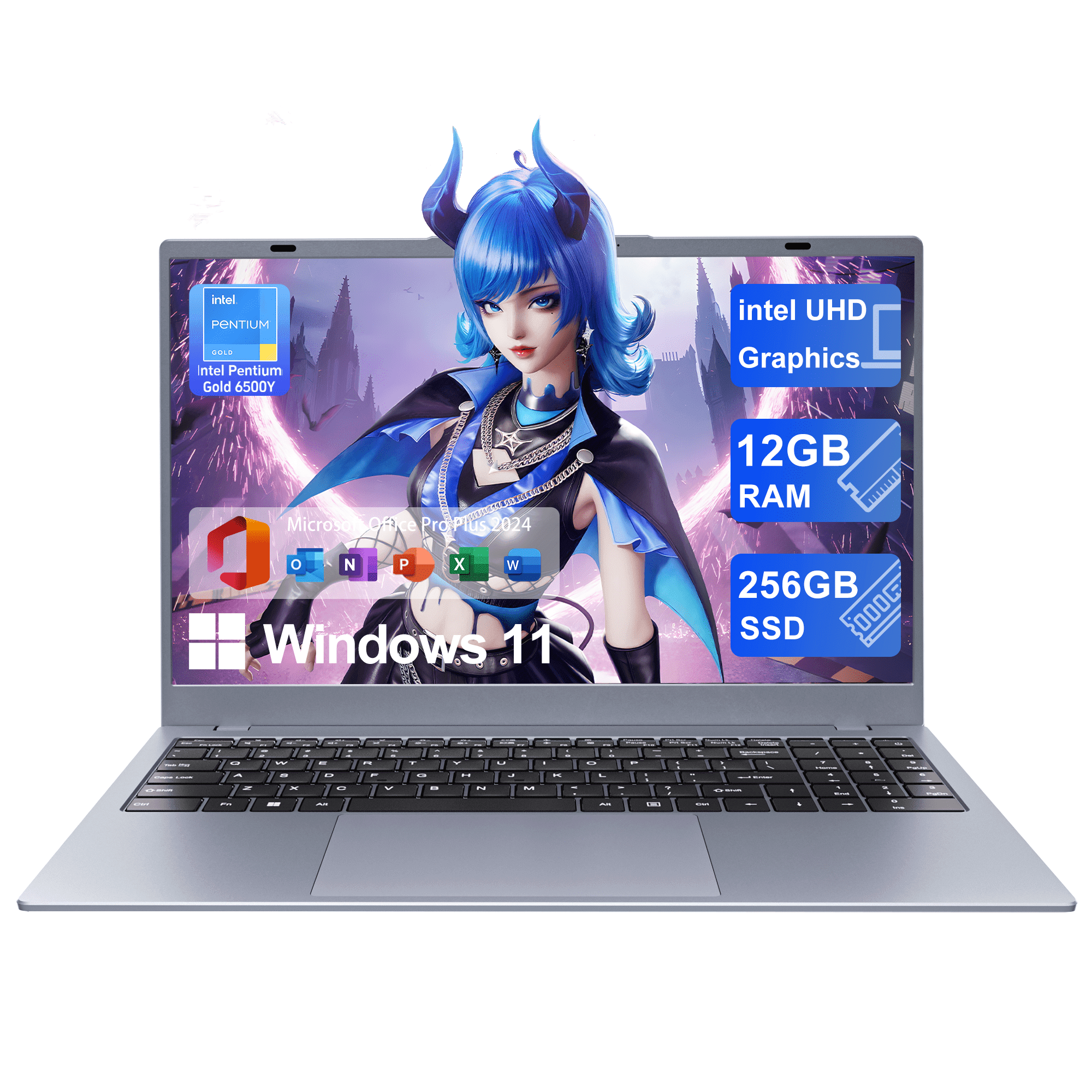 RNRUO 15.6" Laptop with Windows 11, 12GB RAM 256GB SSD, FHD Screen Full Size Keyboard, Office 2024 Included, Portable Laptop for Students and Home Use, Silver