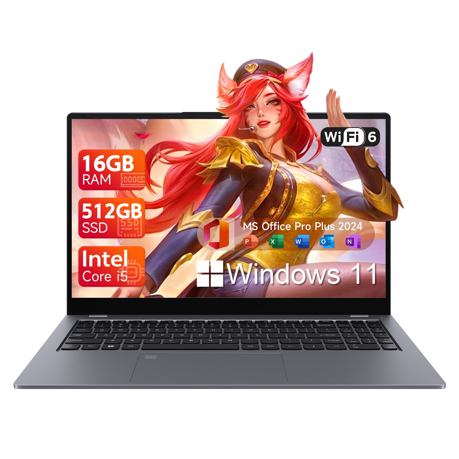 RNRUO 15.6" Laptop, Dual 16GB DDR4 512GB SSD, Intel Core i5 1240P, 12 Core Up 4.4GHz, Office 2024 Fingerprint Backlit KB WiFi 6 BT5.2, Laptop Computer for Business, Student, Light Gaming