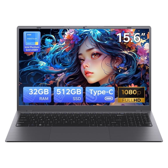 RNRUO 15.6" Windows 11 Laptop, 32GB RAM 512GB SSD, Intel Pentium Gold 6500Y up to 3.4GHz With Office 2024 1920*1080 IPS FHD Display for Student, Home Office, Business, Dard Gray