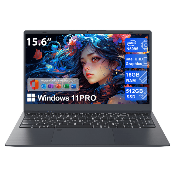 RNRUO 15.6" Windows 11 Pro Laptop, 16GB RAM 1TB SSD, Intel Celeron N5095 2.9GHz With Office 2024 Fingerprint Backlit Keyboard 1920*1080 IPS FHD Display for Student, Home Office, Business