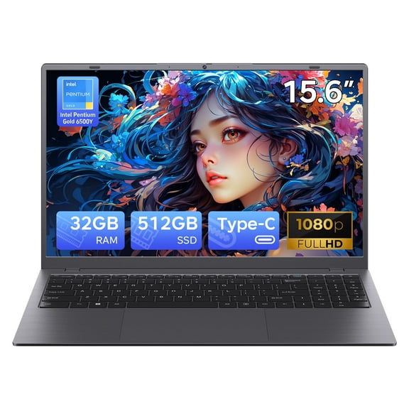 RNRUO 15.6" Windows 11 Pro Laptop, 32GB RAM 512GB SSD, Intel Pentium Gold 6500Y up to 3.4GHz With Office 2024 1920*1080 IPS FHD Display for Student, Home Office, Business, Dard Gray