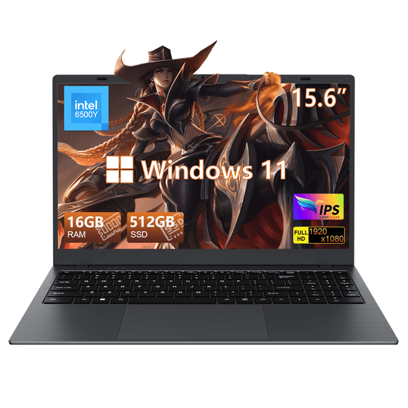 RNRUO 15.6" Business Laptop Computer, 16GB RAM 512GB SSD, Intel 6500Y with 2 Cores, 5000mAh Battery Type-C PD FHD Display Office 2024 WiFi5 BT5.0 Windows 11 Lightweight for Student, Office, Dark Gray