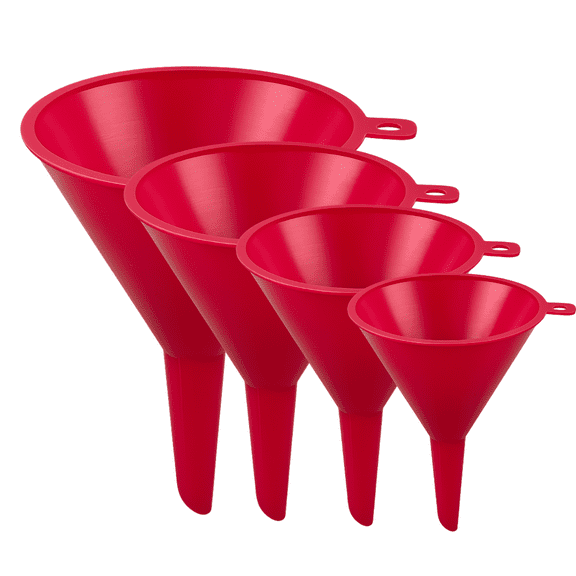 ROAD GENIE 4-Piece Stacking Funnels | Ranging 3.75" (9.5 cm) to 6" (15.2 cm) | Vibrant Red | Durable Plastic | Multi-Use for Home & Auto