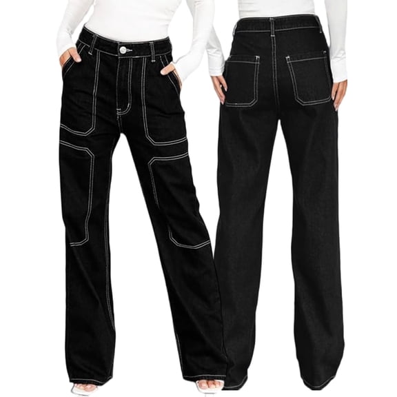ROAD MARKINGS High Waist Wide Leg Jeans, Black Denim with Contrast Stitching, Utility Style (US, Alpha, Medium, Regular, Regular, Black)