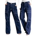 thumbnail image 1 of ROAD MARKINGS High Waist Wide Leg Jeans, Dark Blue Denim with Contrast Stitching, Utility Style (US, Alpha, Small, Regular, Regular, Blue), 1 of 5