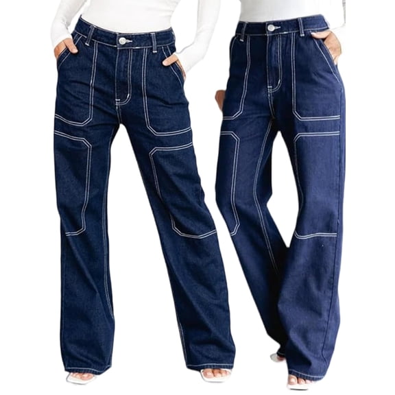 ROAD MARKINGS High Waist Wide Leg Jeans, Dark Blue Denim with Contrast Stitching, Utility Style (US, Alpha, X-Large, Regular, Regular, Blue)