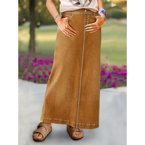 ROAD MARKINGS Women's Casual Denim Maxi Skirt, A-Line, Brown, Contrast Stitching, Full Length (US, Alpha, Small, Regular, Regular, Brown)