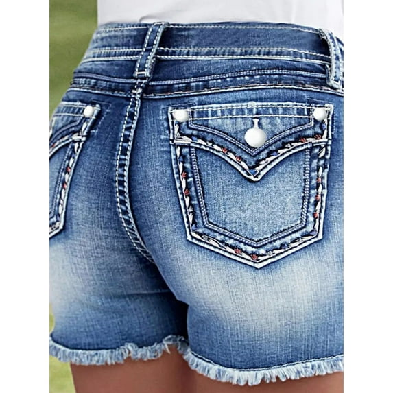 ROAD MARKINGS Women's Denim Shorts, Mid Rise, Frayed Hem, Decorative Pocket Stitching, Light Blue Wash (US, Alpha, Small, Regular, Regular, Blue)