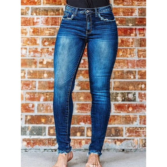 ROAD MARKINGS Women's Distressed Skinny Jeans, High Rise, Raw Hem, Medium Wash Denim (US, Alpha, X-Large, Regular, Regular, Blue)